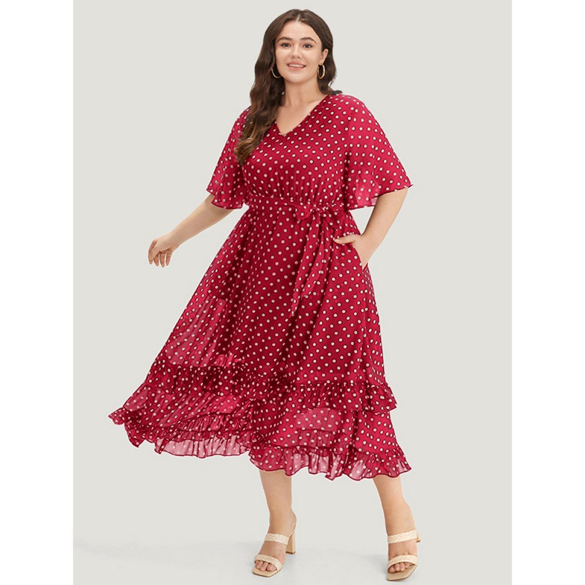 Plus Size Polka Dot Ruffles Pocket V Neck Mesh Belted Dress Raspberry Women Elegant Lined V-neck Short sleeve Curvy Midi Dress BloomChic 26/4X Product Image