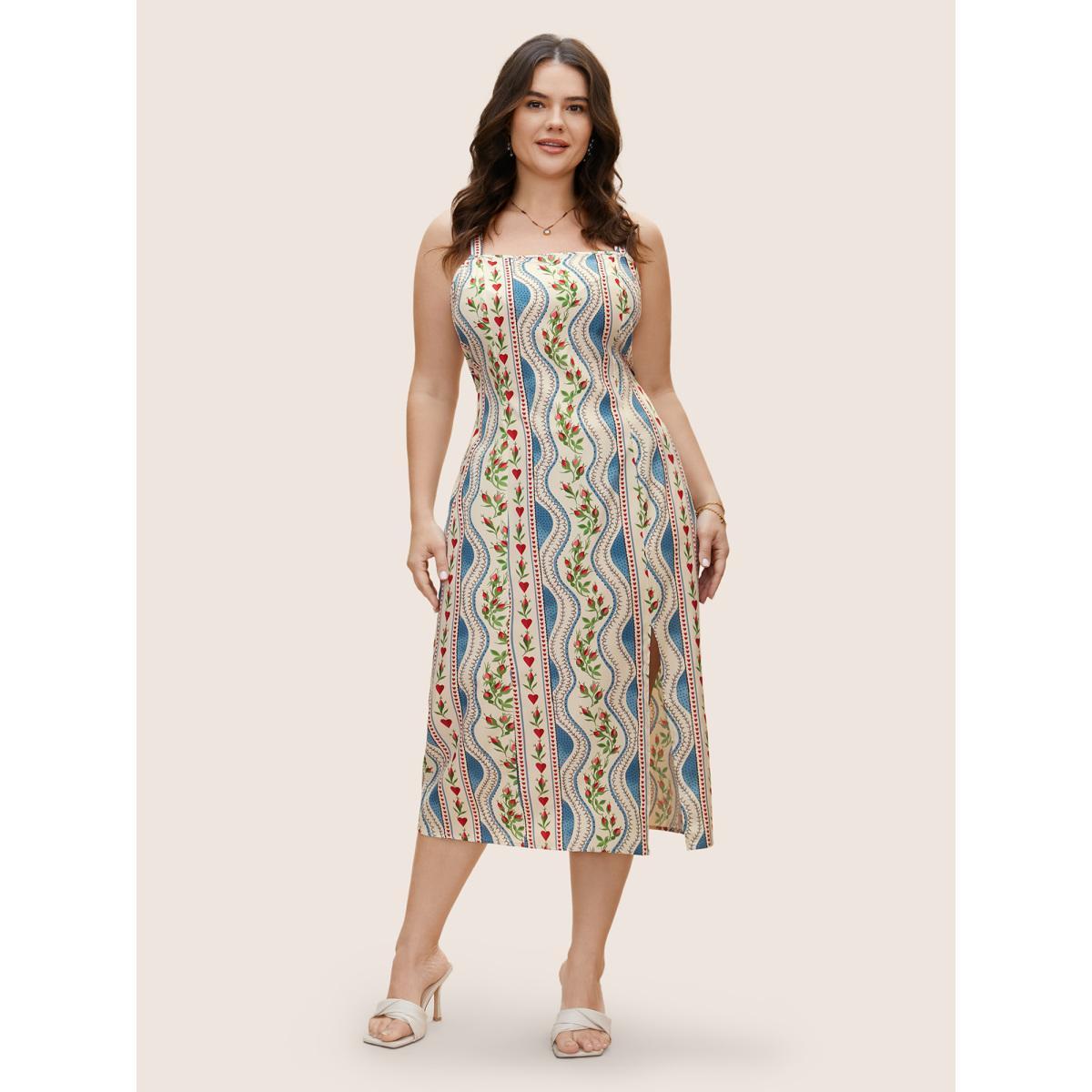 Plus Size Boho Print Split Front Cami Dress Skyblue Women Elegant Slit Non Sleeveless Curvy BloomChic 14-16/1X Product Image