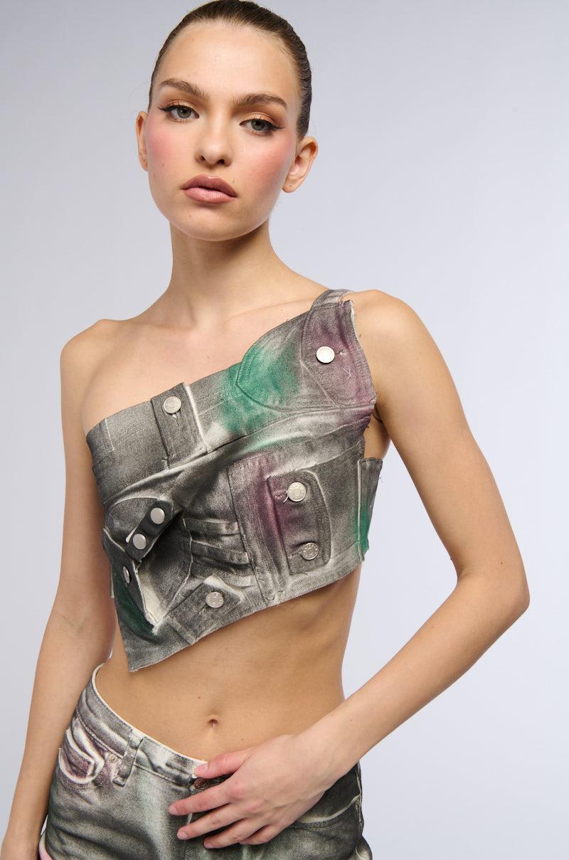 NOT YOURS BRALETTE DETAIL LAYERED PAINTED BUTTON DOWN BLOUSE Product Image