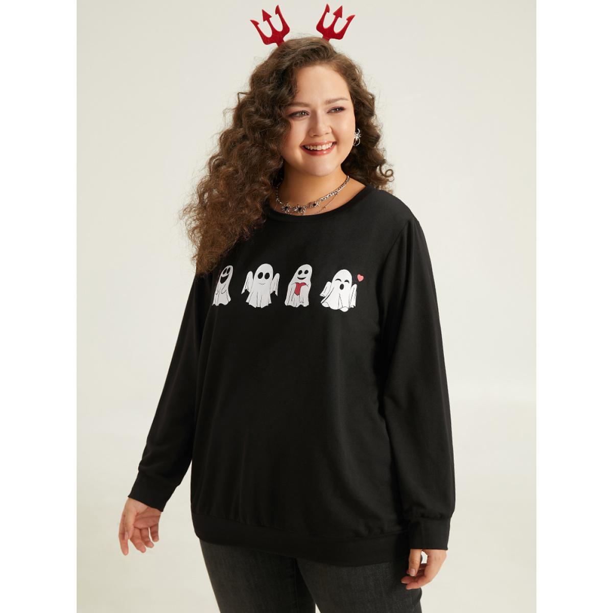 Plus Size Halloween Print Crew Neck Sweatshirt Women Black Casual Printed Festival-Halloween Sweatshirts BloomChic 14-16/1X Product Image