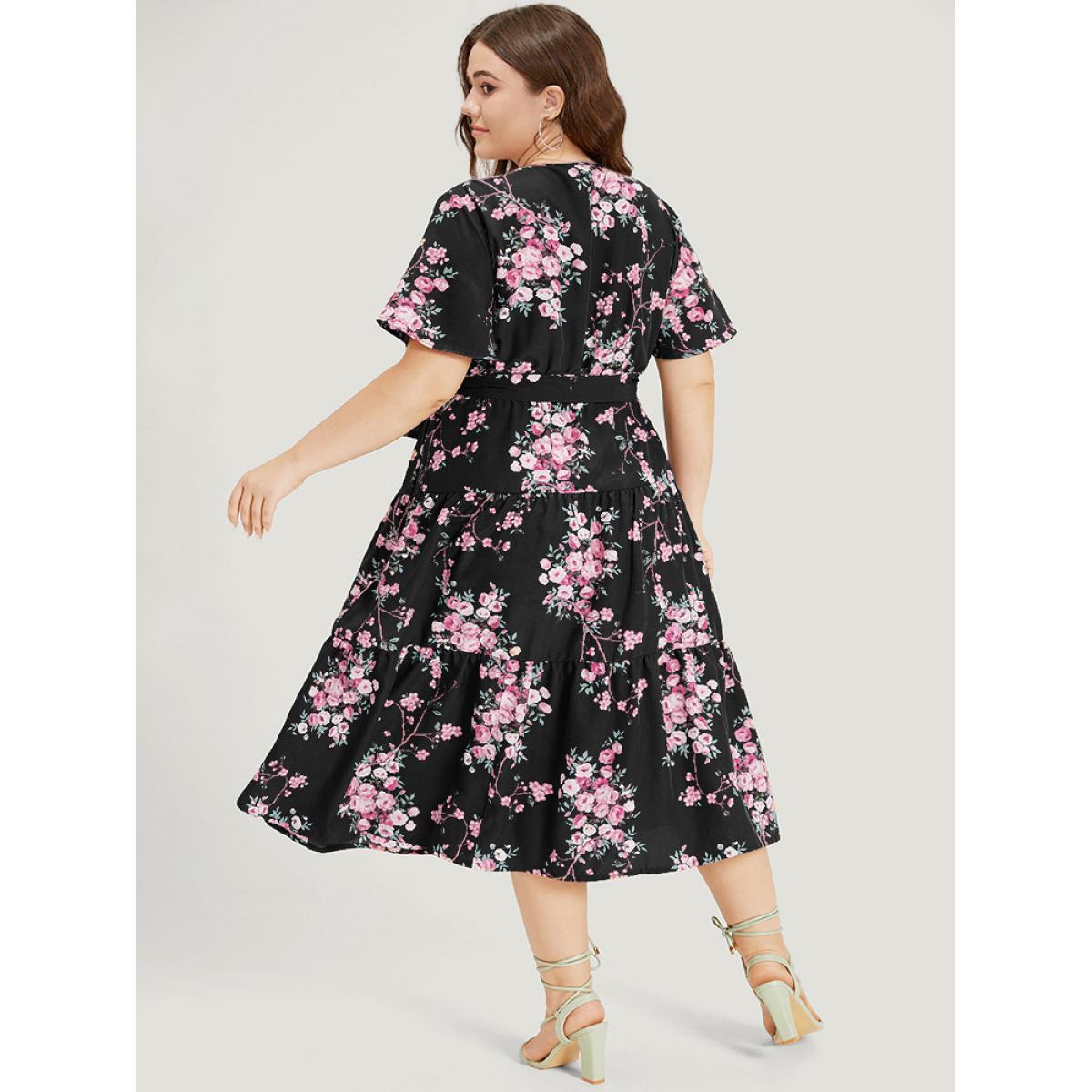 Plus Size Floral Print Wrap Belted Pocket Ruffle Hem Dress Black Women Elegant Lined V-neck Short sleeve Curvy Midi Dress BloomChic 30/6X Product Image