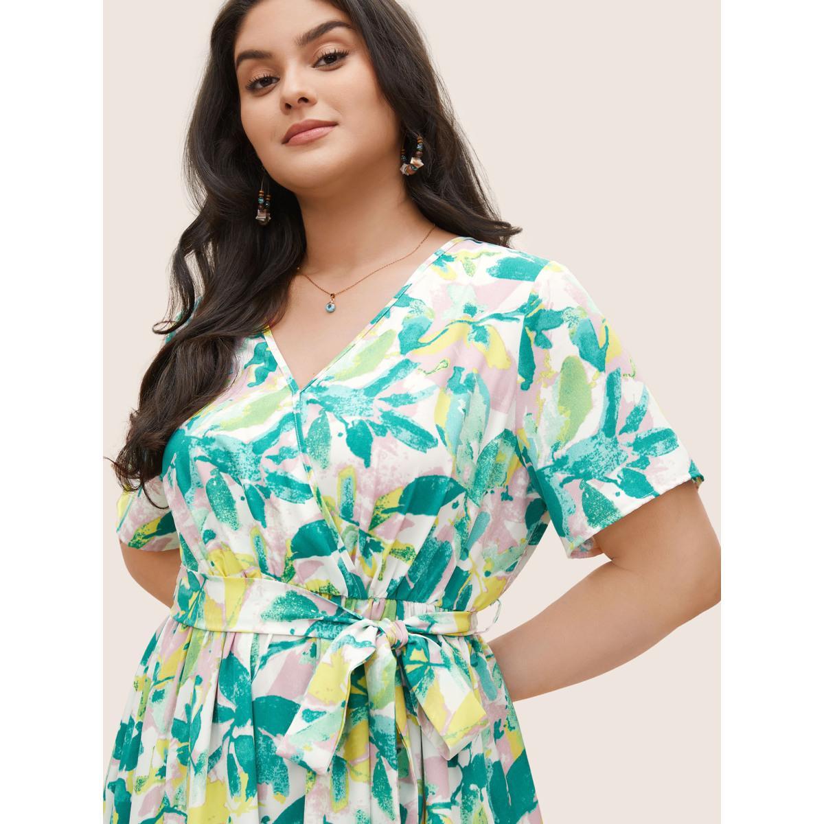 Plus Size Overlap Collar Plants Print Elastic Waist Belted Dress Emerald Women Resort Non Overlap Collar Short sleeve Curvy Midi Dress BloomChic 22-24/3X Product Image