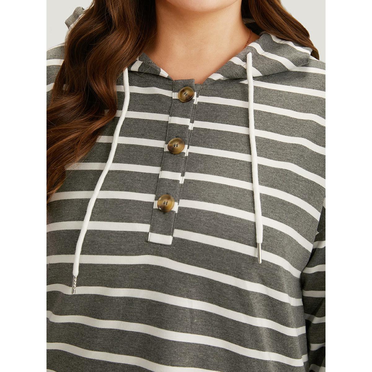 Plus Size Striped Button Up Hooded Sweatshirt Women Gray Casual Button Hooded Dailywear Sweatshirts BloomChic 18-20/2X Product Image
