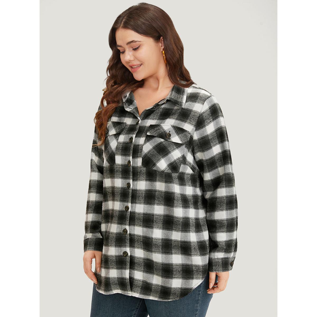 Plus Size Plaid Arc Hem Pocket Button Through Shirt Collar Coat Women Black Casual Arc Hem Ladies Dailywear Winter Coats BloomChic 12/L Product Image