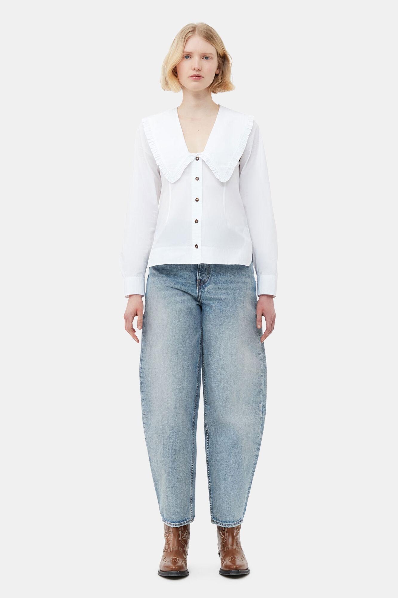 Cotton Poplin V-neck Frill Collar Shirt Product Image