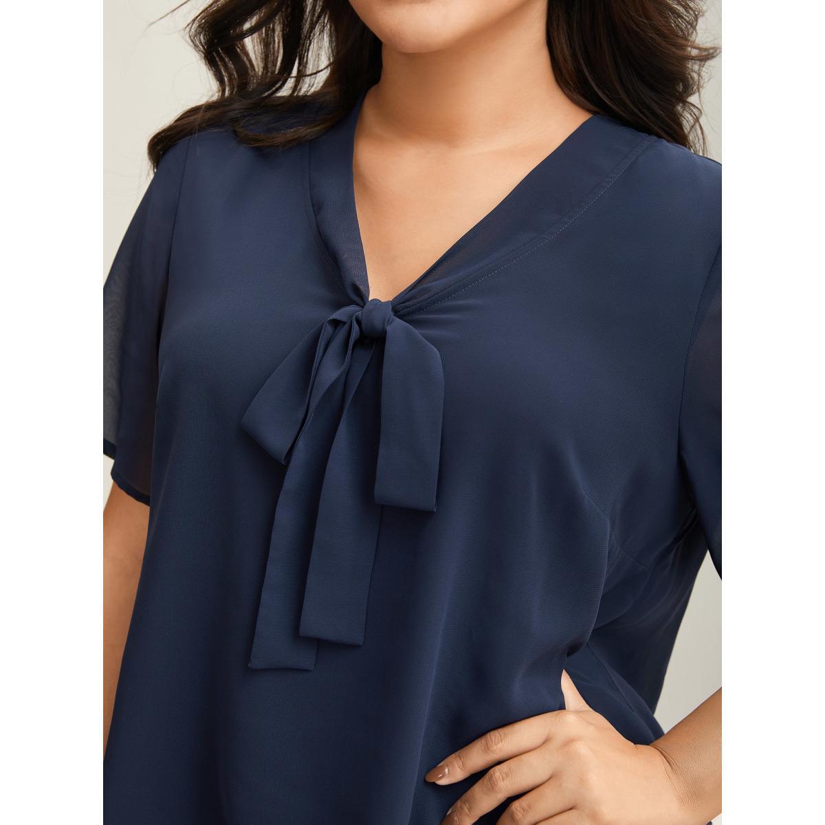 Plus Size Indigo Ribbon Collar Placket Lined Blouse Women At the Office Short sleeve Ribbon-tied collar Work Blouses BloomChic 28/5X Product Image