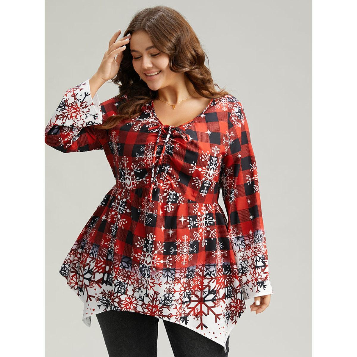 Plus Size Scarlet Oh-so-Chilly Plaid Ties Hanky Hem Blouse Women Elegant Long Sleeve V-neck Festival-Christmas Blouses BloomChic 12/L Product Image