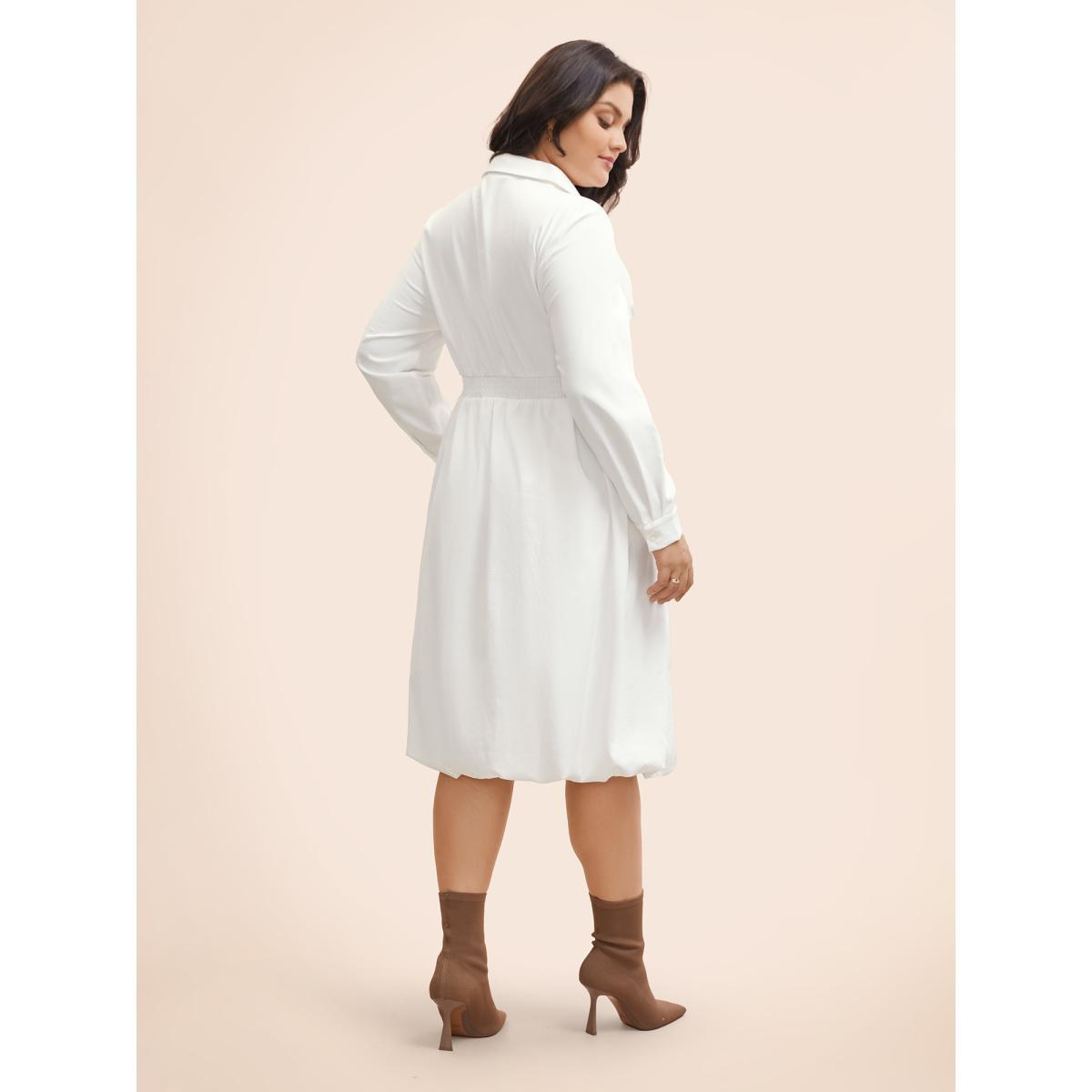 Plus Size Plain Shirt Collar Shirred Bubble Dress Originalwhite Women Elegant Button Shirt collar Long Sleeve Curvy BloomChic 14-16/1X Product Image