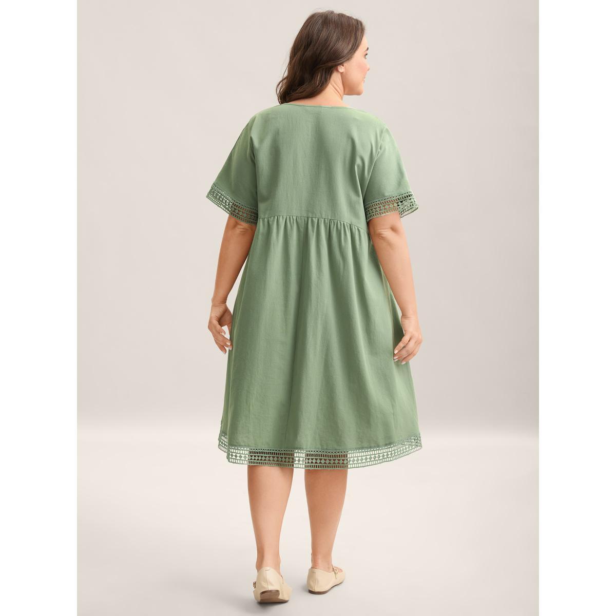 Plus Size Pure Cotton Lace Trim Sleeve Midi Dress Sage Women V-neck Short sleeve Curvy BloomChic 18-20/2X Product Image