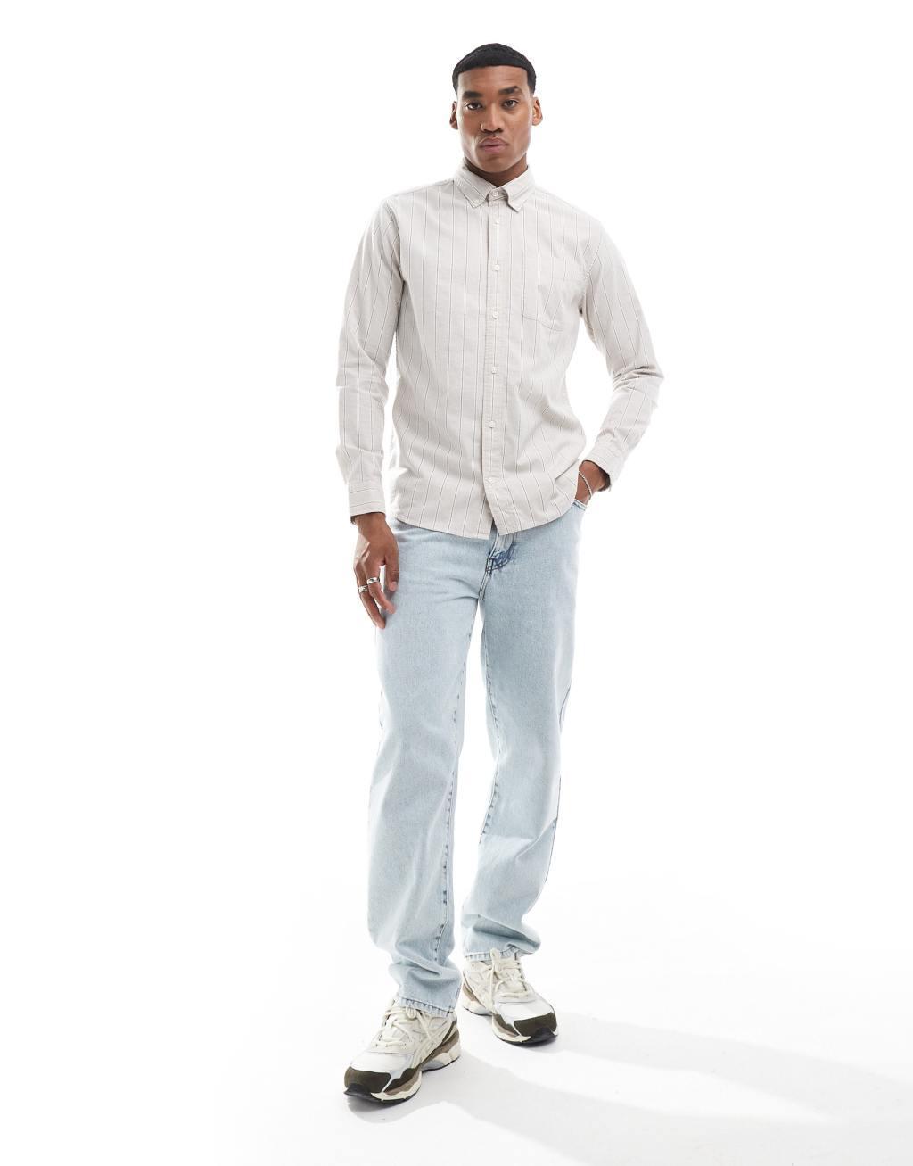 Jack & Jones stripe oxford shirt in beige Product Image