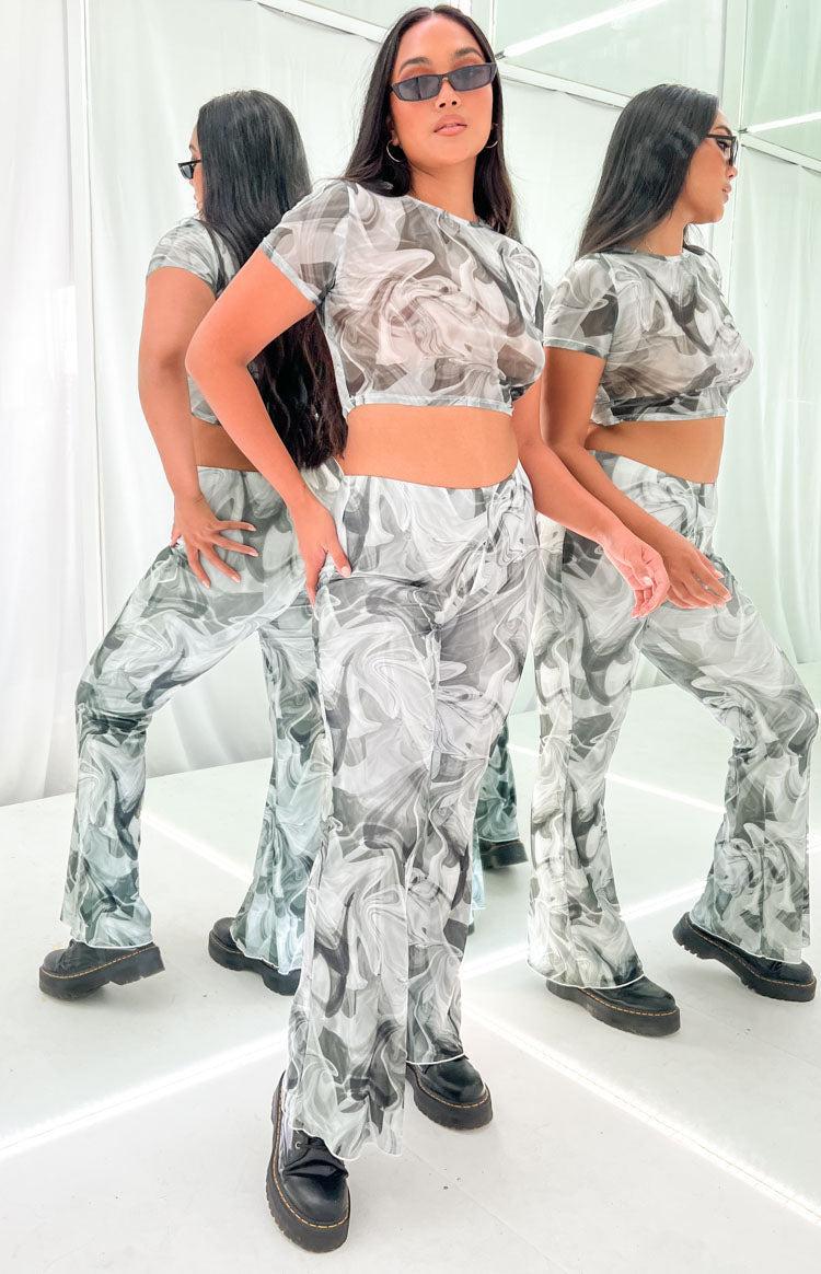 Willow Black Print Mesh Flare Pants Product Image