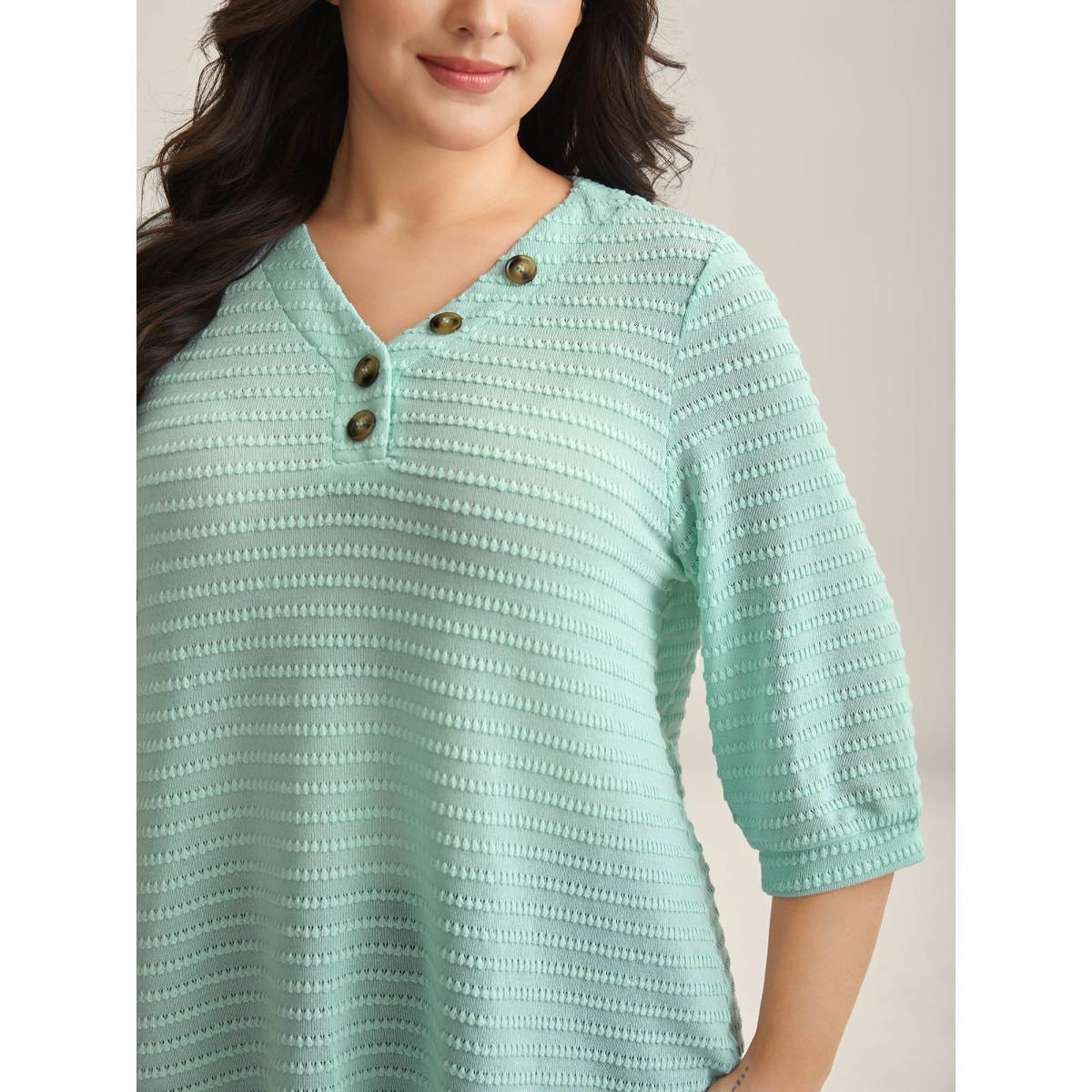 Plus Size Waffle-Grid Button Detail T-Shirt Mint Women Texture V-neck Everyday-Casual T-shirts BloomChic 12/L Product Image