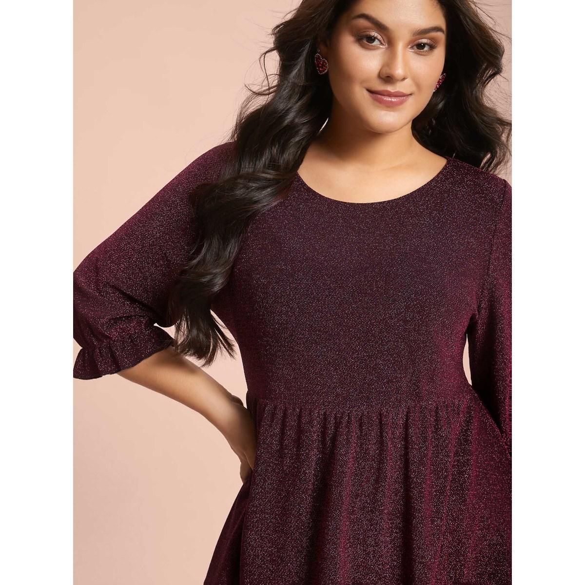 Plus Size Eggplant Crew Neck Luxe Ruffle Gathered Blouse Women Elegant Elbow-length sleeve Round Neck Everyday Blouses BloomChic 12/L Product Image