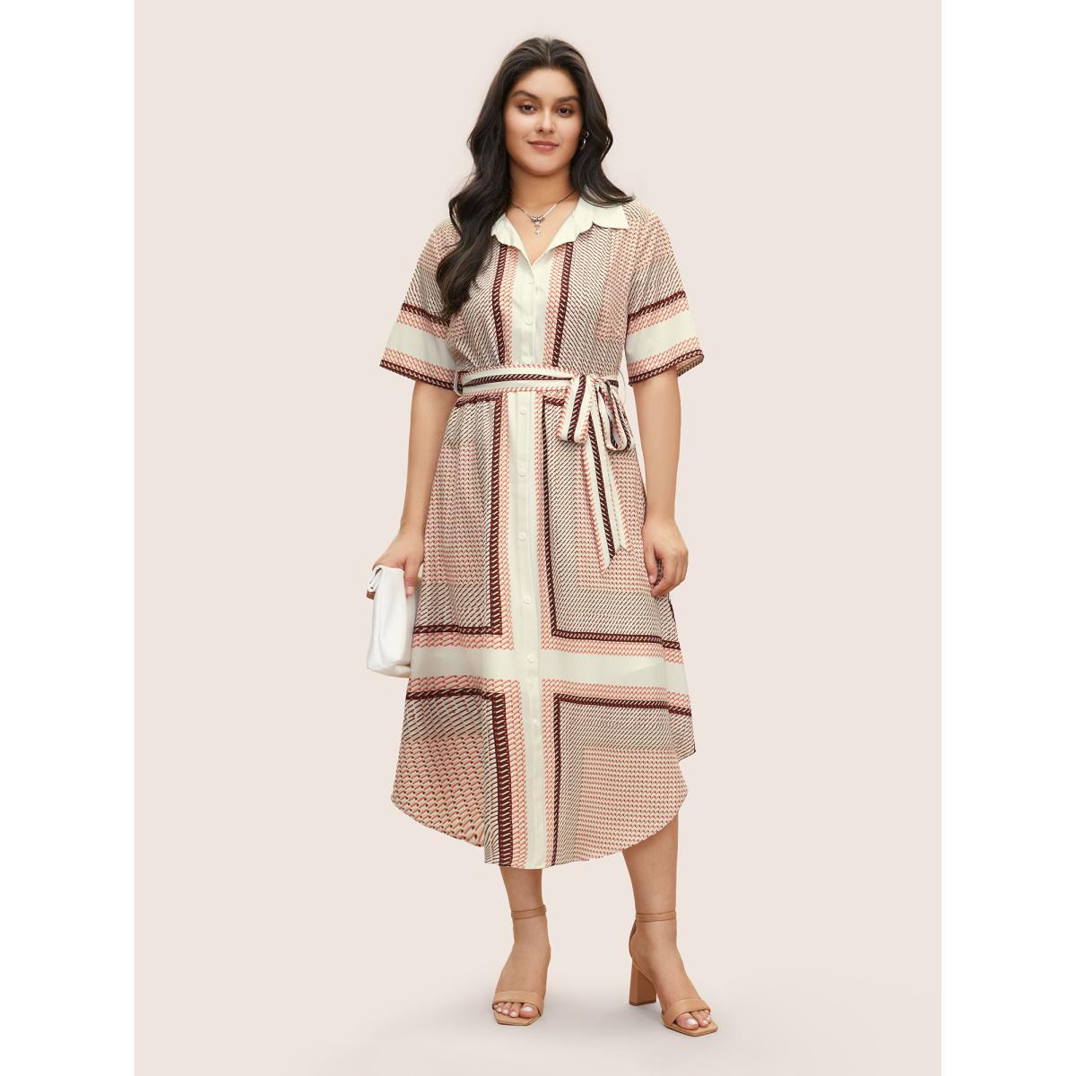 Plus Size Geo Graphic Belted Curved Hem Shirt Collar Dress LightBrown Women At the Office Non Shirt collar Short sleeve Curvy Midi Dress BloomChic 28/5X Product Image