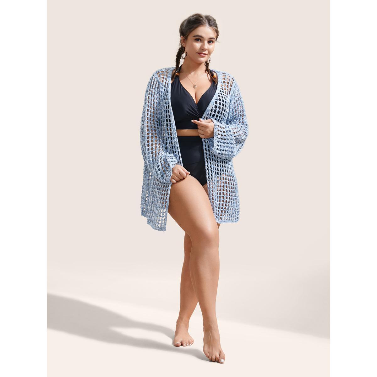Plus Size Ombre Heather Hollow Out Bell Sleeve Swim Cover Up Women's Swimwear Stone Beach Cut-Out Curve Swim Cover Ups BloomChic 10/M Product Image