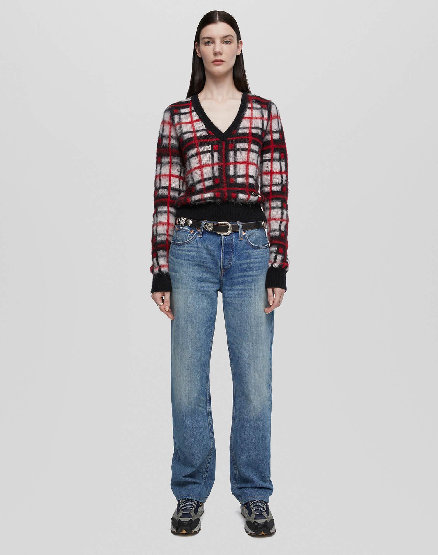 Tartan V Neck Pullover - Black/Red/White Product Image