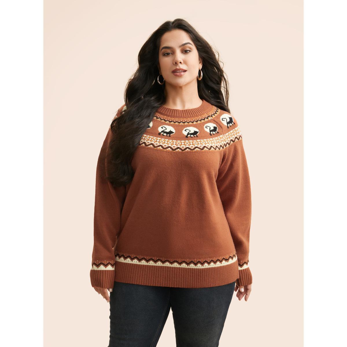 Plus Size Supersoft Essentials Wicked Cat Fair Isle Yoke Printed Pullover Rust Women Casual Long Sleeve Round Neck Everyday Pullovers BloomChic 22-24/3X Product Image