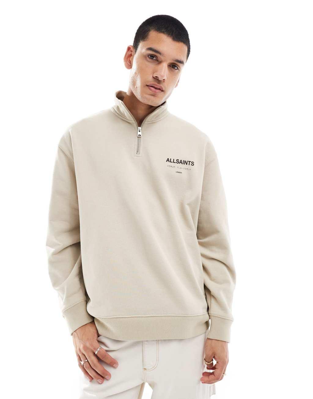 AllSaints Underground 1/2 zip sweatshirt in stone Product Image