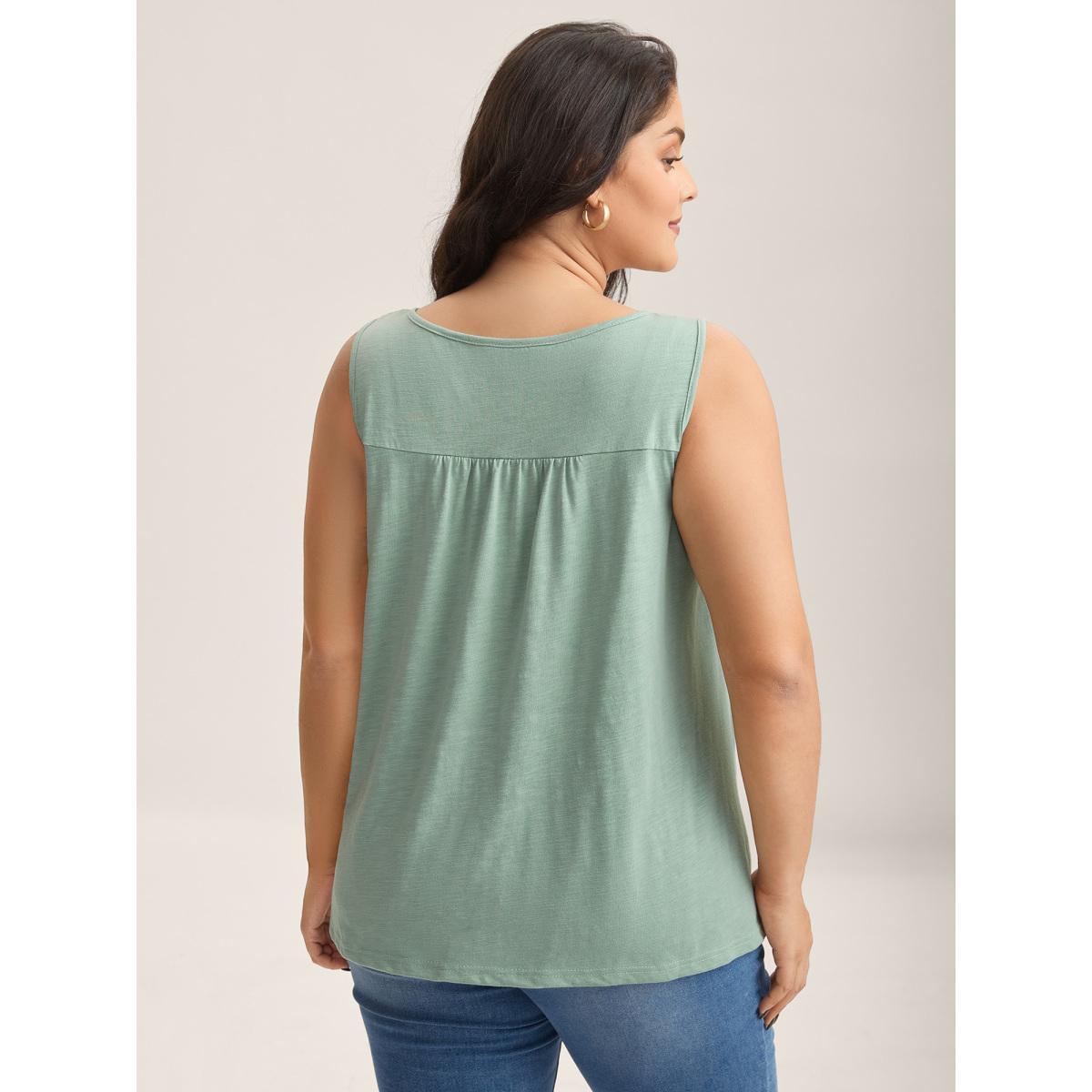 Plus Size Bamboo Cotton Stretchy Pleated Tank Top Women Greenbean Woven ribbon&lace trim Flat collar with V-notch Everyday-Elegant Tank Tops Camis BloomChic 28/5X Product Image