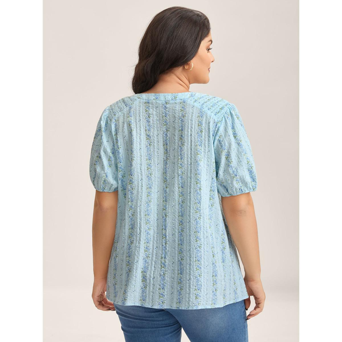 Plus Size LightBlue Cotton Floral Print Notched Collar Blouse Women Short sleeve Flat collar Everyday-Elegant Blouses BloomChic 22-24/3X Product Image