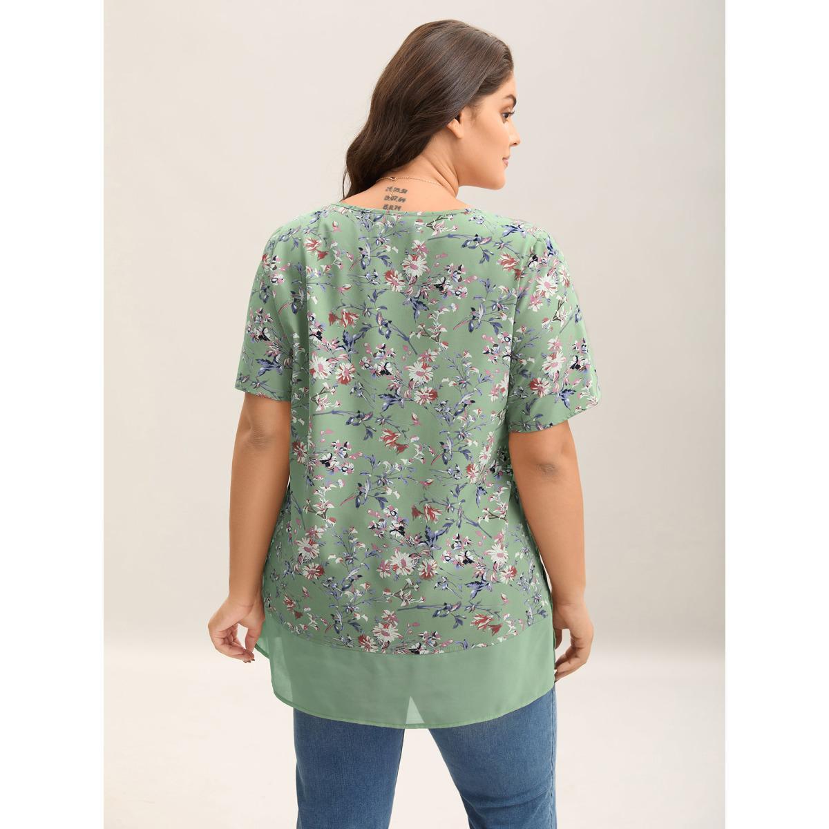 Plus Size Greenbean Garden Print Spliced V-Neck Blouse Women Elegant Short sleeve V-neck Everyday Blouses BloomChic 10/M Product Image