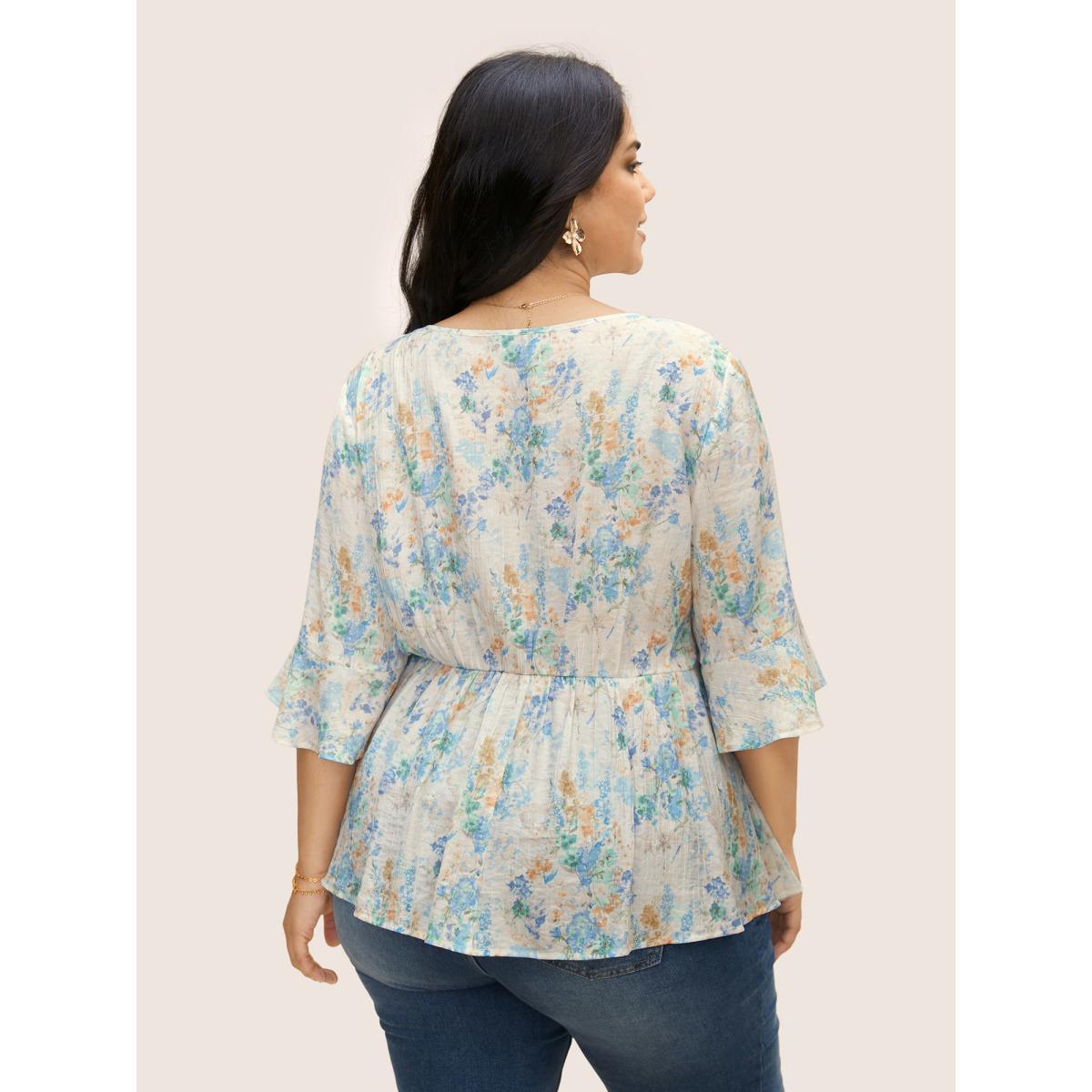 Plus Size LightBlue Floral Bell Sleeve Ruffle Trim Blouse Women Elegant Elbow-length sleeve V-neck Everyday Blouses BloomChic 18-20/2X Product Image