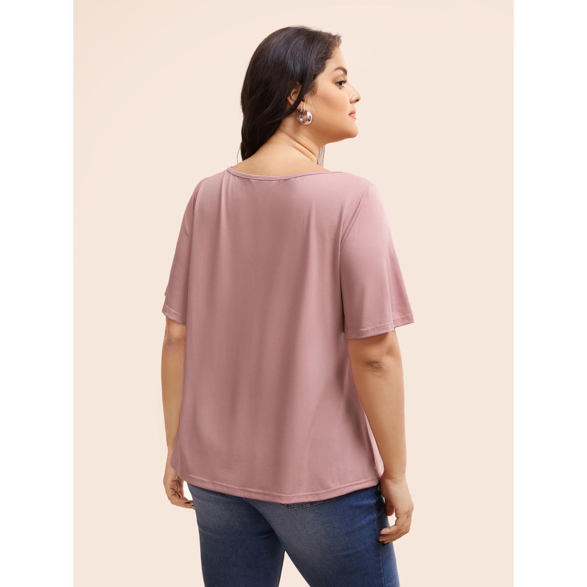 Plus Size Solid Round Neck Plicated Detail T-shirt Rouge Women Elegant Pleated Round Neck Everyday T-shirts BloomChic 30/6X Product Image