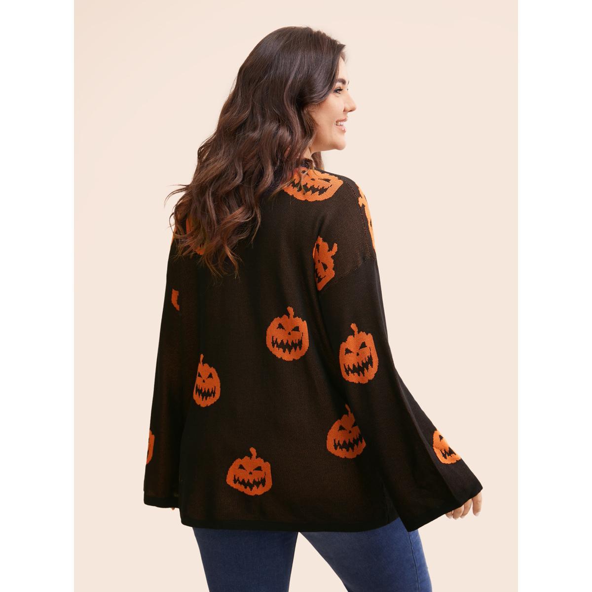 Plus Size Halloween V Neck Bell Sleeve Pullover Black Women Casual Loose Long Sleeve V-neck Dailywear Pullovers BloomChic 22-24/3X Product Image
