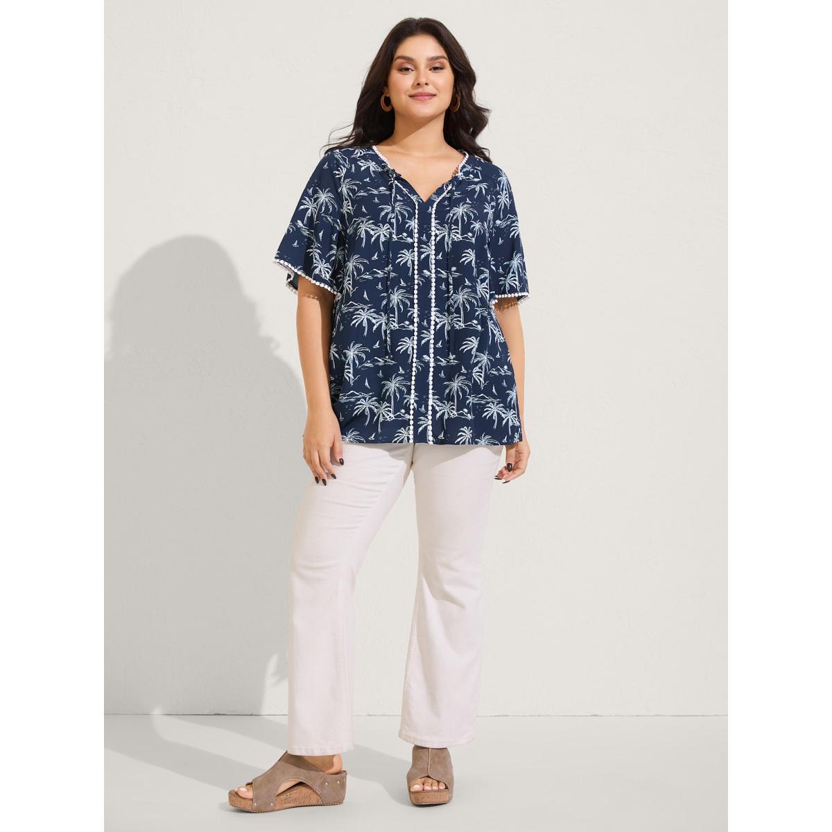 Plus Size Indigo Tropical Print Lace Trim Flowy Blouse Women Short sleeve V-neck Vacation Blouses BloomChic 28/5X Product Image