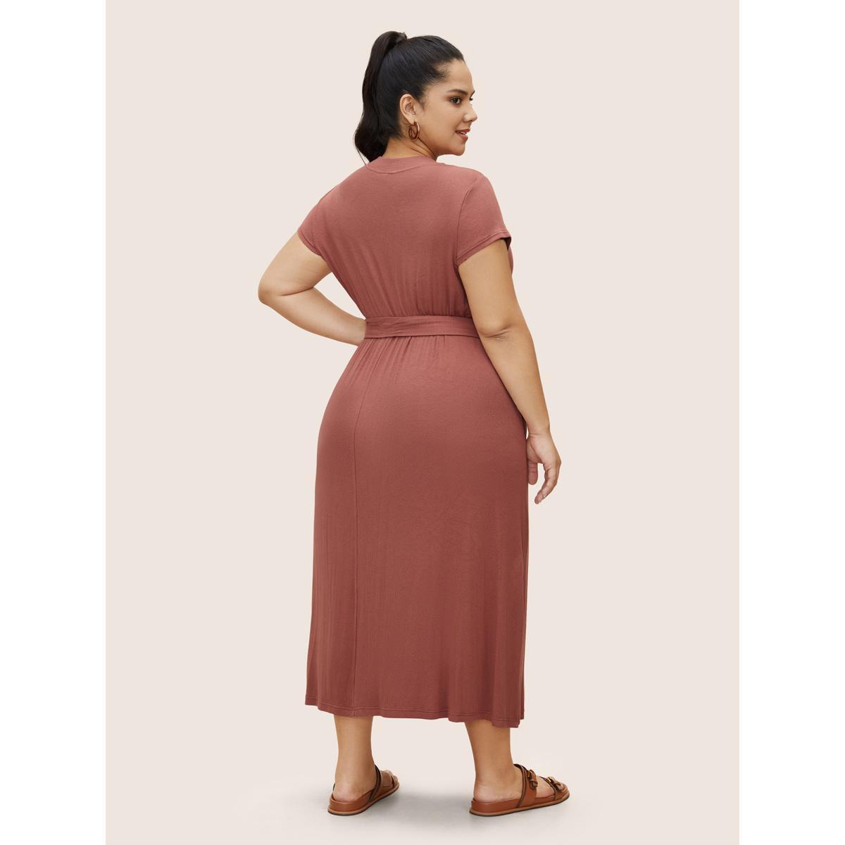 Plus Size Plain Belted Gathered Pit Strip Dress Coral Women Casual Gathered Round Neck Cap Sleeve Curvy BloomChic 26/4X Product Image