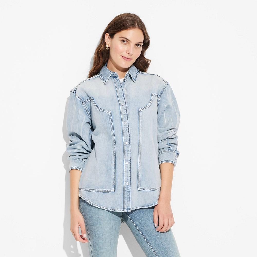 Women's Long Sleeve Oversized Western Shirt - Wild Fable™ Light Wash XL: Cotton, Midweight, Button Down Product Image