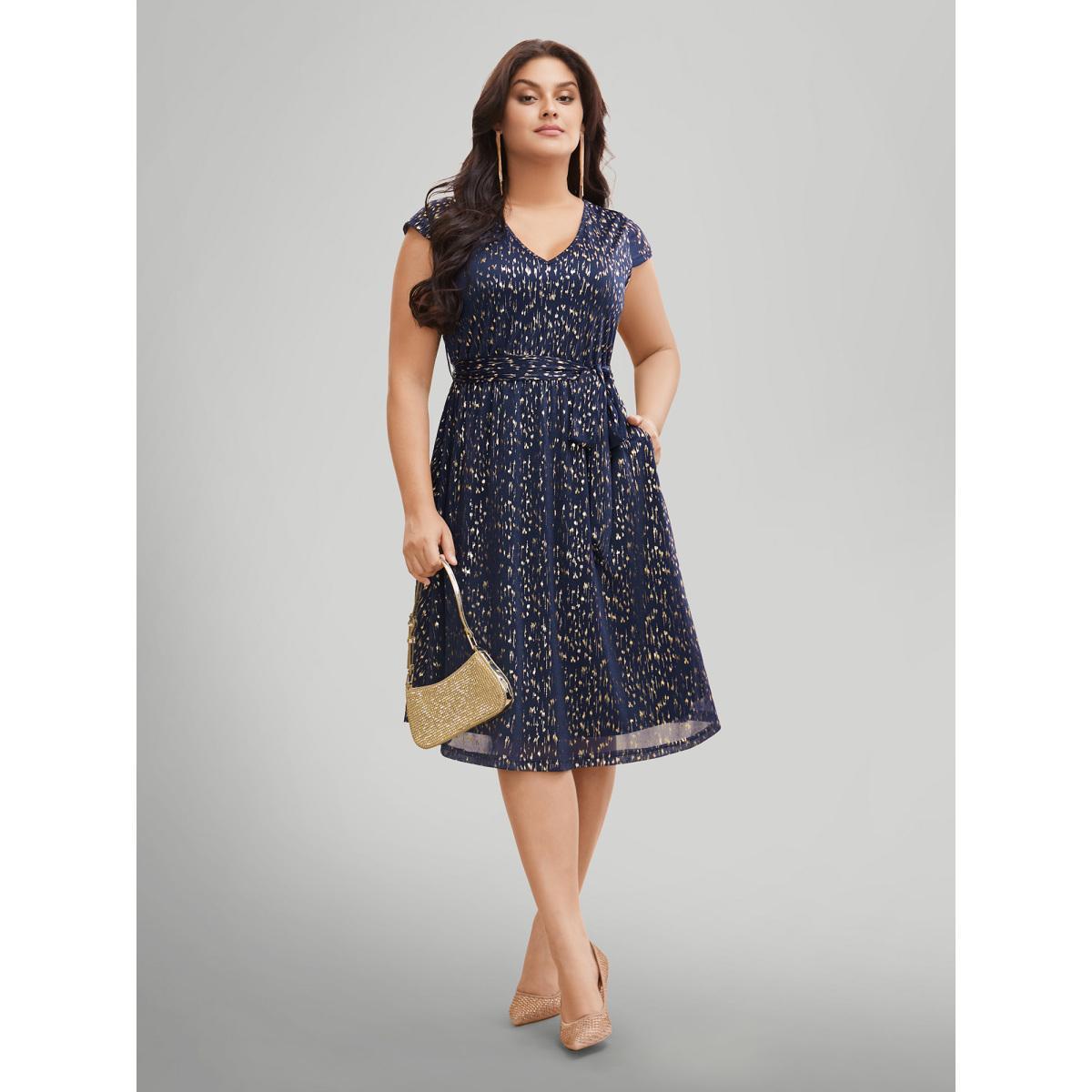 Plus Size Glitter Geometric Cap Sleeve Belted Dress Navy Women Cocktail Texture V-neck Cap Sleeve Curvy BloomChic 10/M Product Image