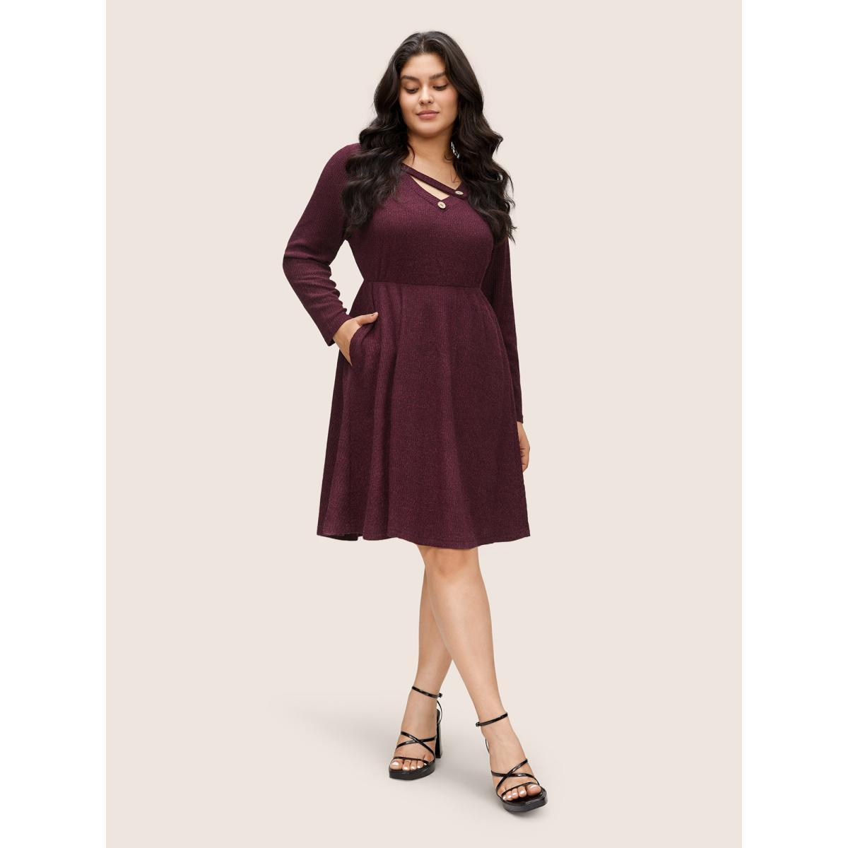 Plus Size Rib Knit Cut Out Button Detail Asymmetrical Neck Dress Maroon Women Casual Rib Knit Asymmetrical Neck Long Sleeve Curvy Knee Dress BloomChic 12/L Product Image