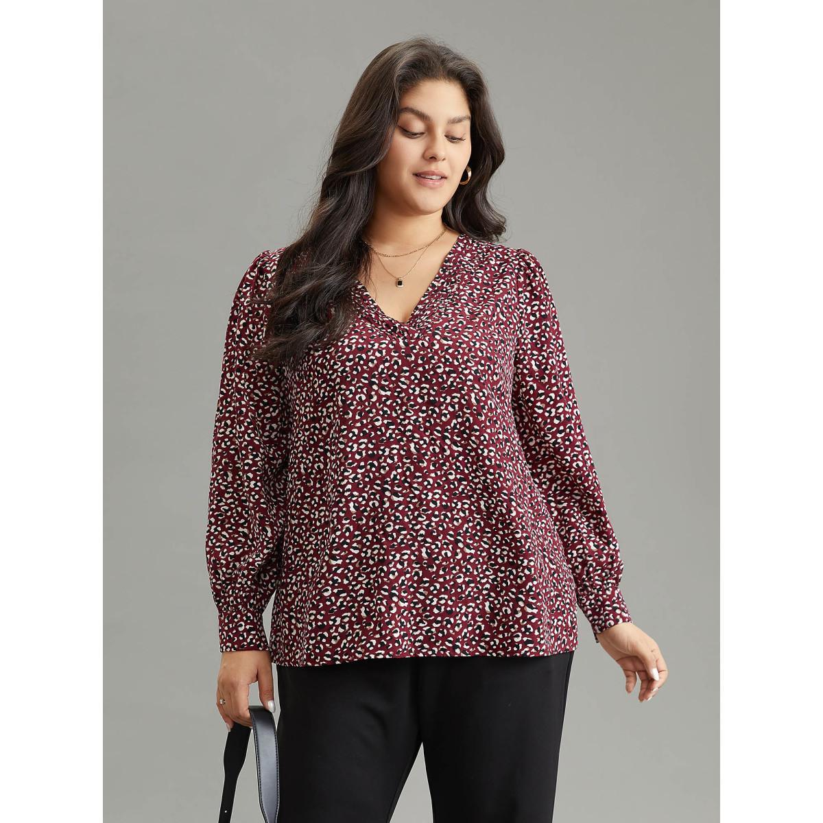 Plus Size Burgundy Allover Print V Neck Pleated Blouse Women Office Long Sleeve V-neck Work Blouses BloomChic 18-20/2X Product Image