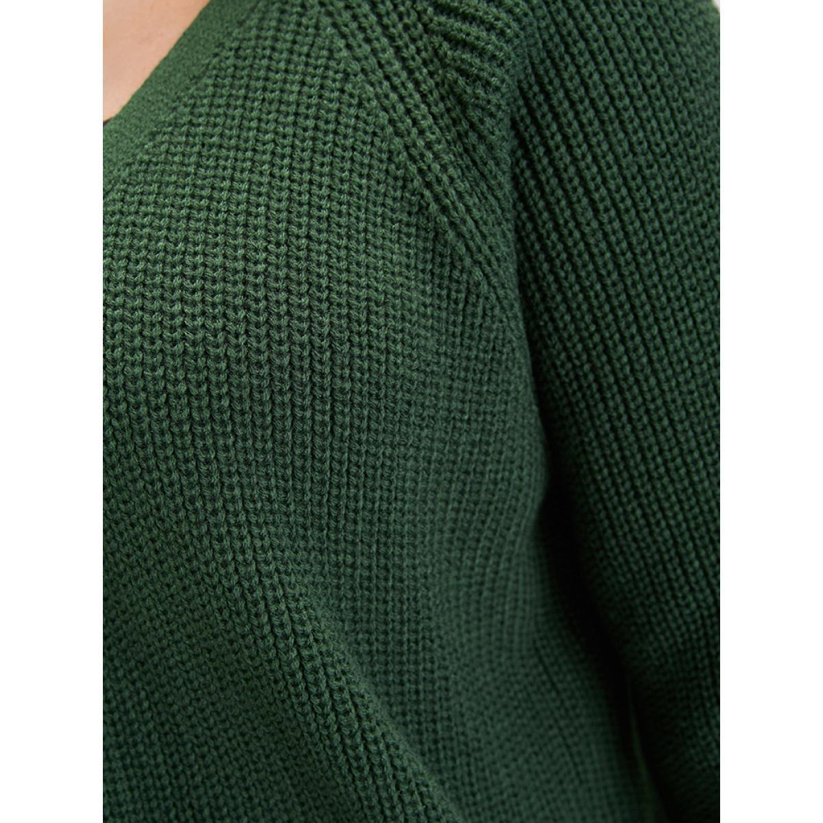 Plus Size Solid Pointelle Knit Raglan Sleeve Button Front Cardigan DarkGreen Women Elegant Loose Long Sleeve Dailywear Cardigans BloomChic 22-24/3X Product Image