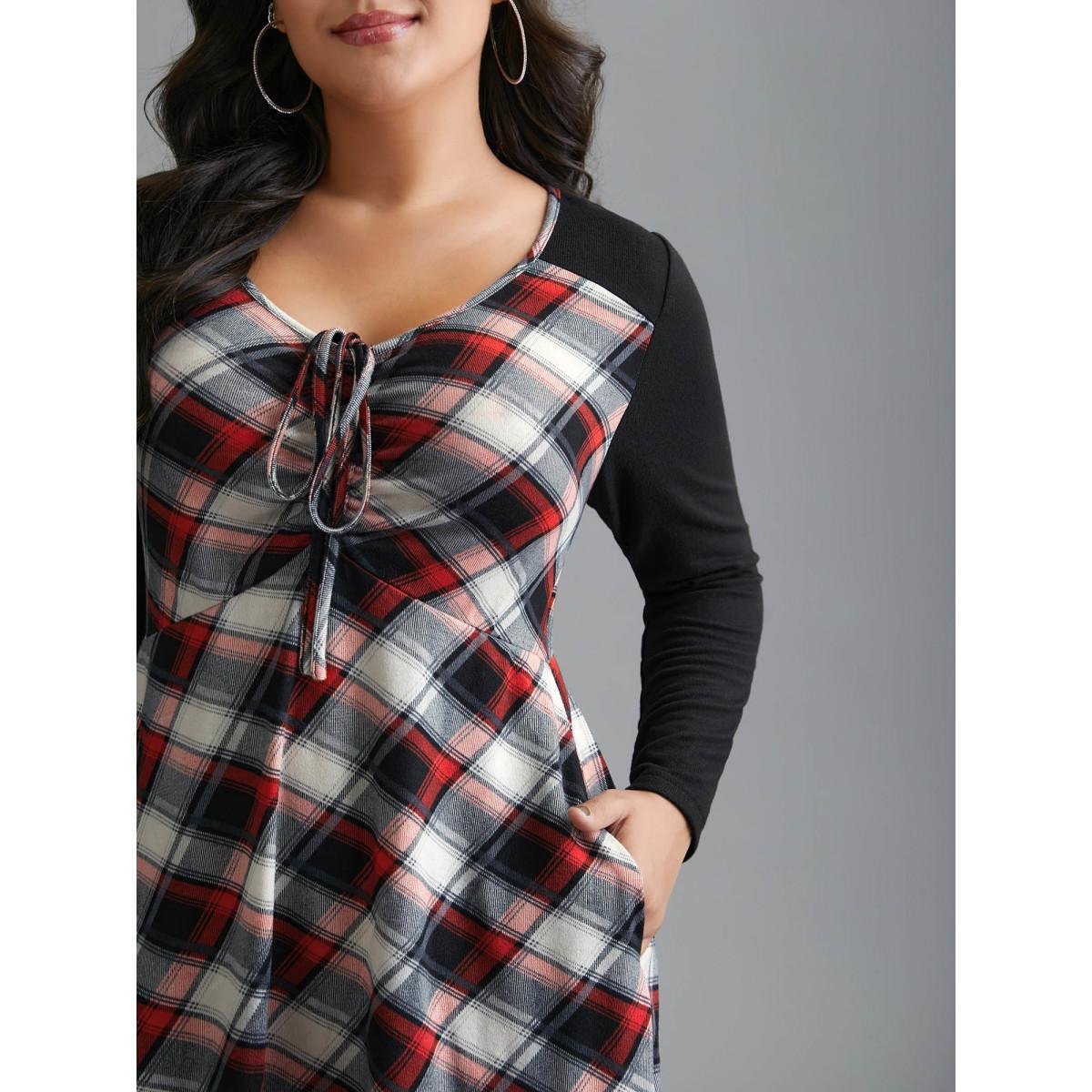 Plus Size Plaid Patchwork Ties Curved Hem Dress BlackFlower Women Casual Patchwork Knit Dresses Bloomchic 18-20/2X Product Image