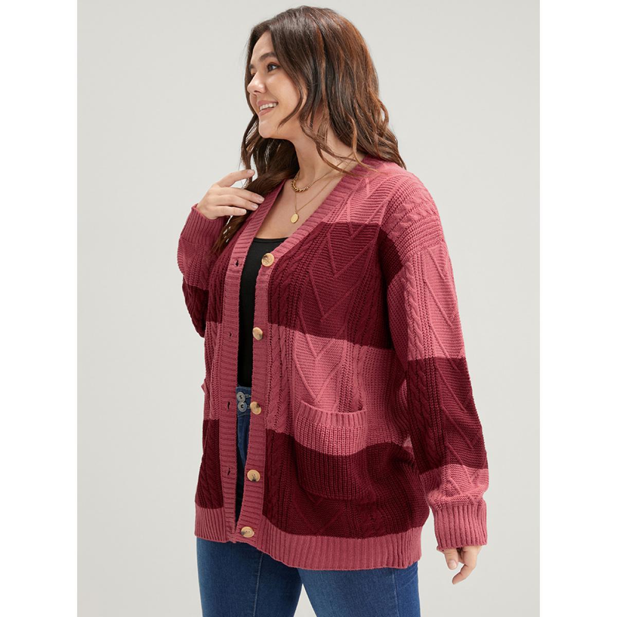 Plus Size Colorblock Contrast Pointelle Knit Pocket Button Front Cardigan Multicolor Women Casual Loose Long Sleeve Dailywear Cardigans BloomChic 18-20/2X Product Image