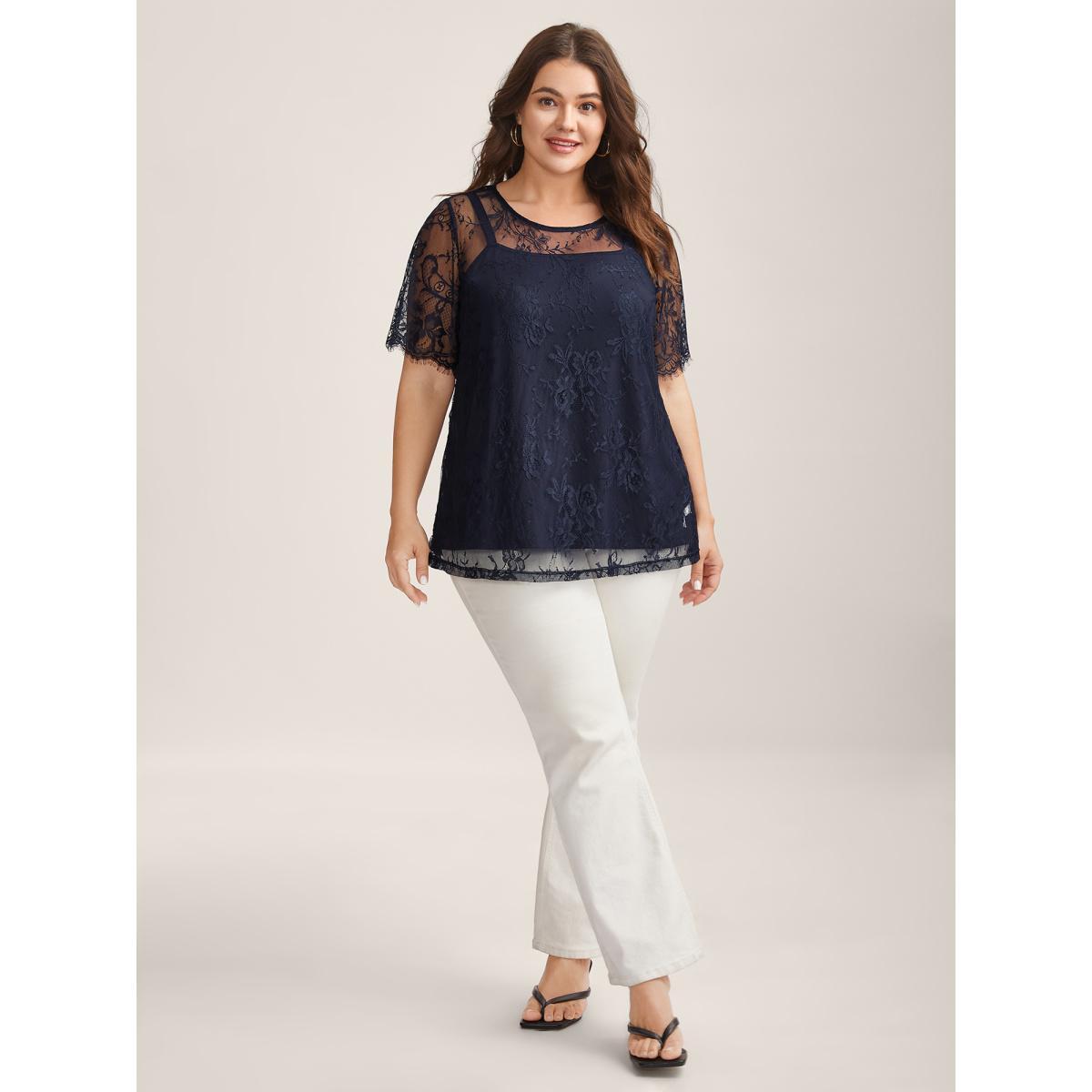 Plus Size Two-Piece Romantic Sheer Lace Lined T-Shirt Indigo Women See through Round Neck Everyday-Elegant T-shirts BloomChic 26/4X Product Image