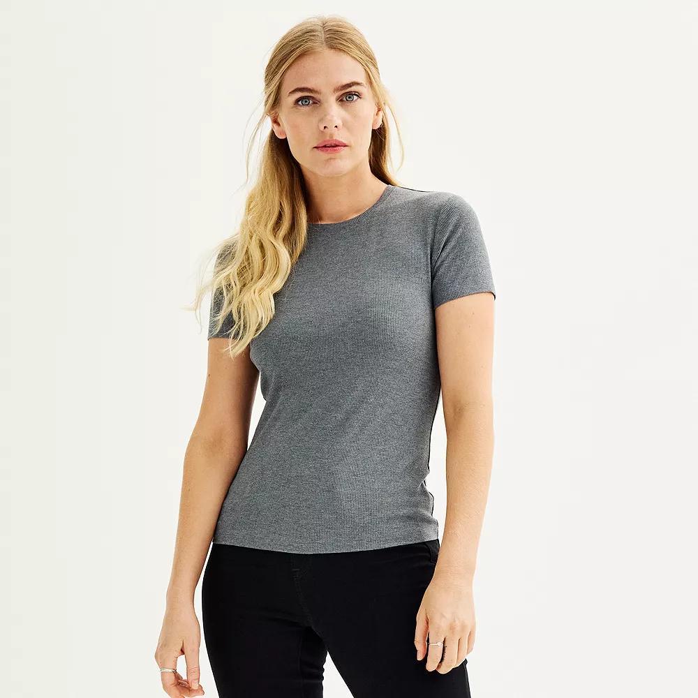Women's Nine West Fitted Ribbed Crewneck Top, Size: XS, Coal Grey Product Image