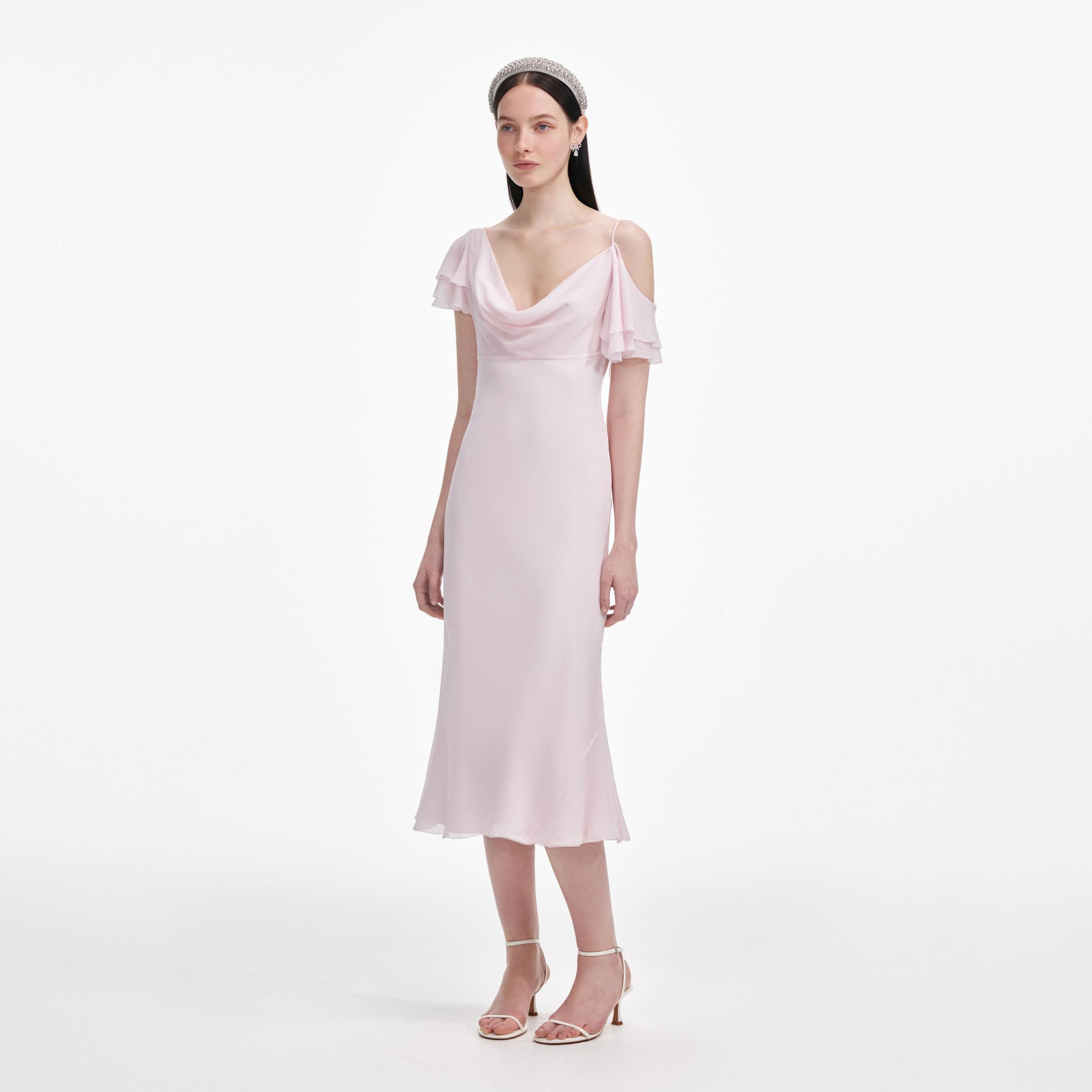 Pink Georgette Frill Midi Dress Product Image