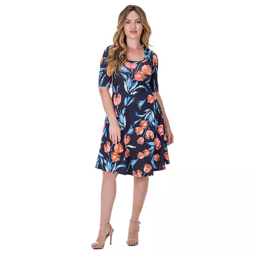 Women's 24Seven Comfort Apparel Floral Print Elbow Sleeve Knee Length Dress, Size: Large, Pink Team Product Image