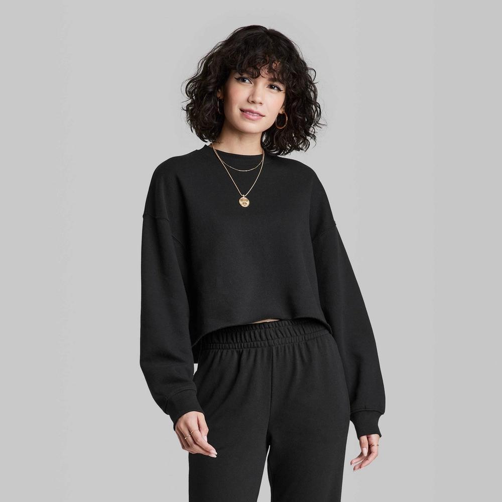 Women's Cropped Sweatshirt - Wild Fable™ Navy Blue XS: Crew Neck, Long Sleeve, Fleece Pullover Product Image