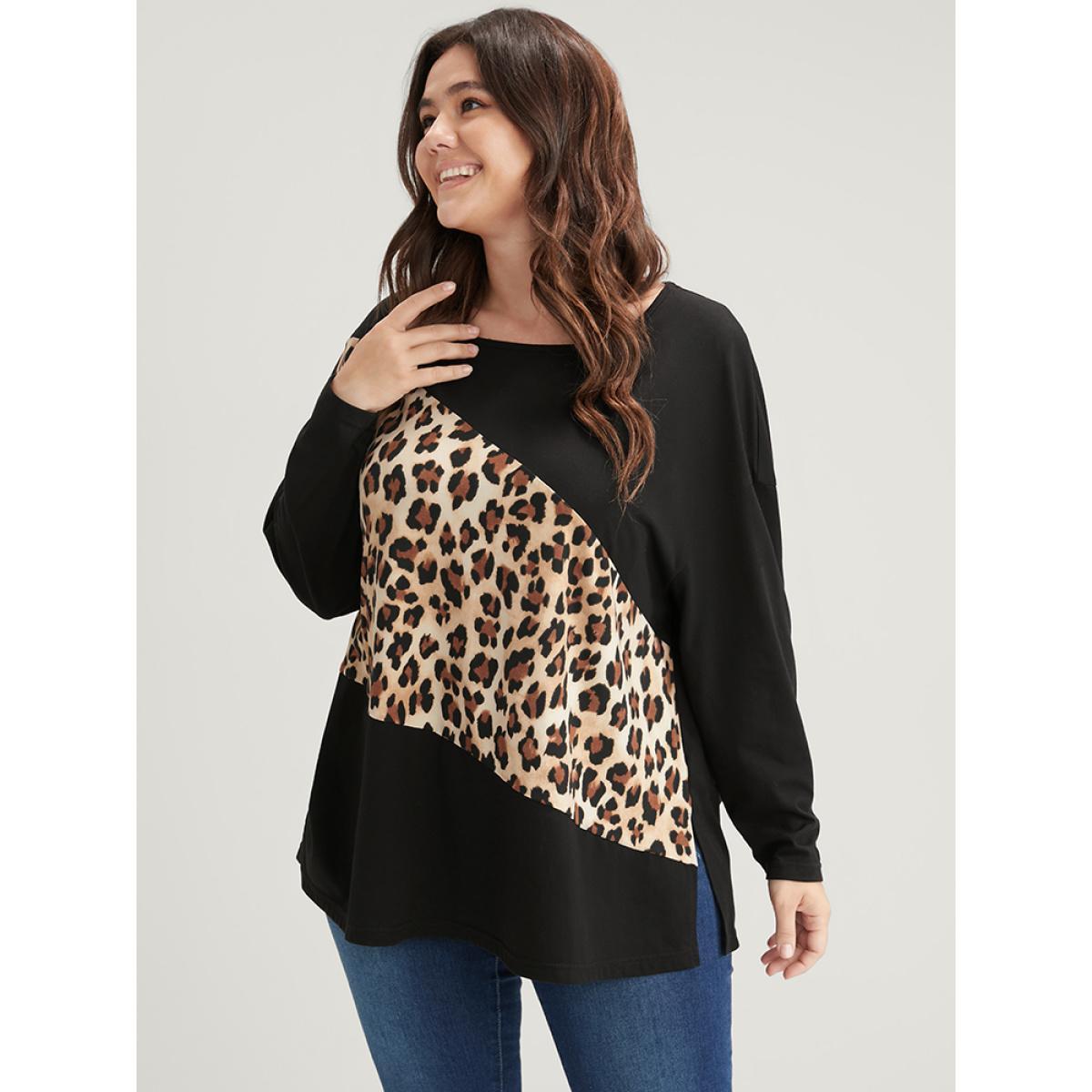 Plus Size Leopard Drop Shoulder Split Long Tee Black Women Casual Leopard Round Neck Dailywear T-shirts BloomChic 18-20/2X Product Image