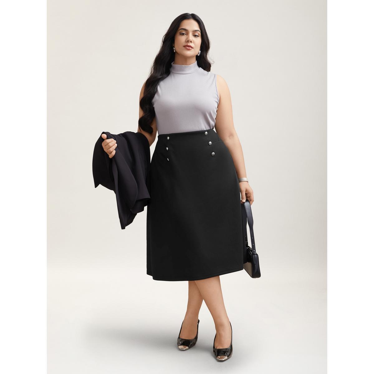Plus Size Buckle Side Buttons Flared Midi Skirt Women Black At the Office Button Medium stretch Slanted pocket Work Skirts BloomChic 12/L Product Image