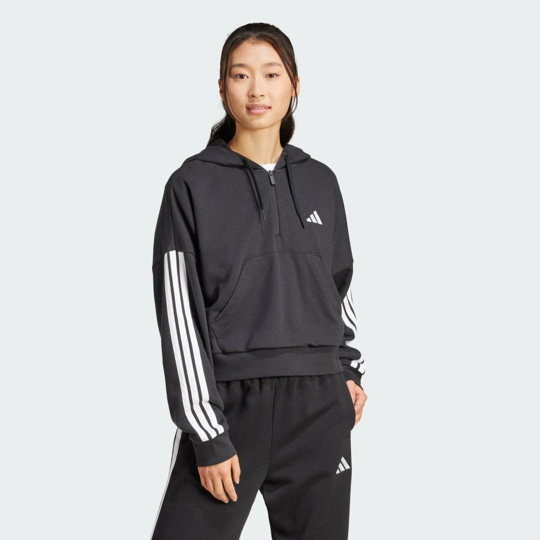 adidas Essentials 3-Stripes French Terry Quarter-Zip Hoodie Black M Womens Product Image