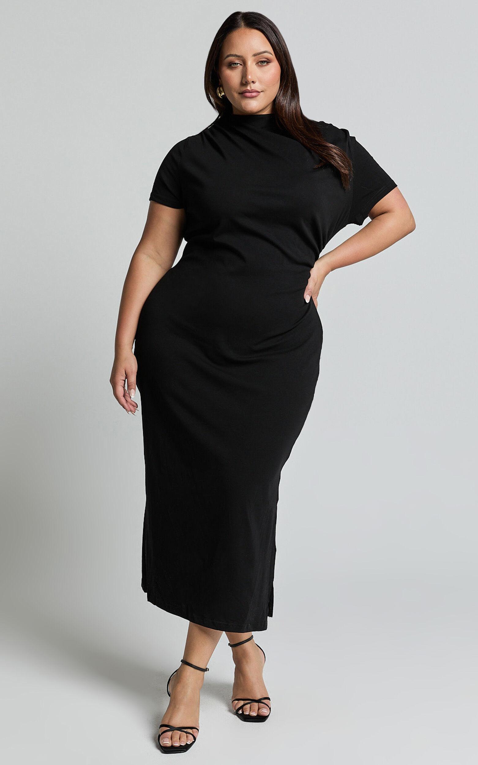 Zayna Midi Dress - Jersey Short Sleeve Dress in Black Product Image