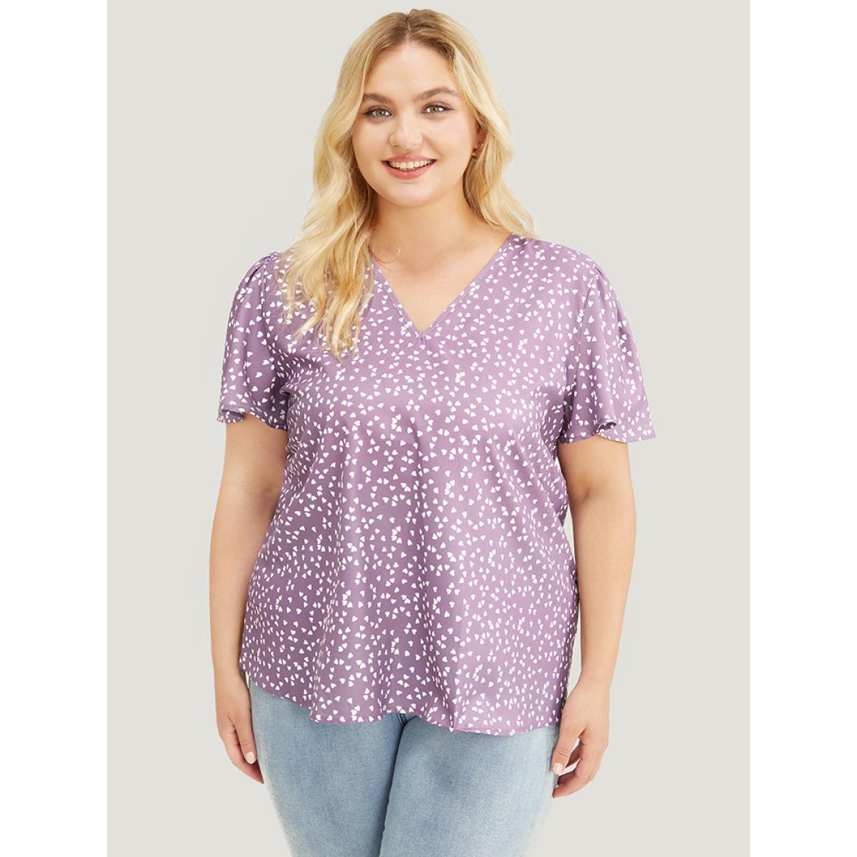Plus Size Mauve Heart Print Ruffle Sleeve V Neck Blouse Women Elegant Short sleeve V-neck Dailywear Blouses BloomChic 18-20/2X Product Image