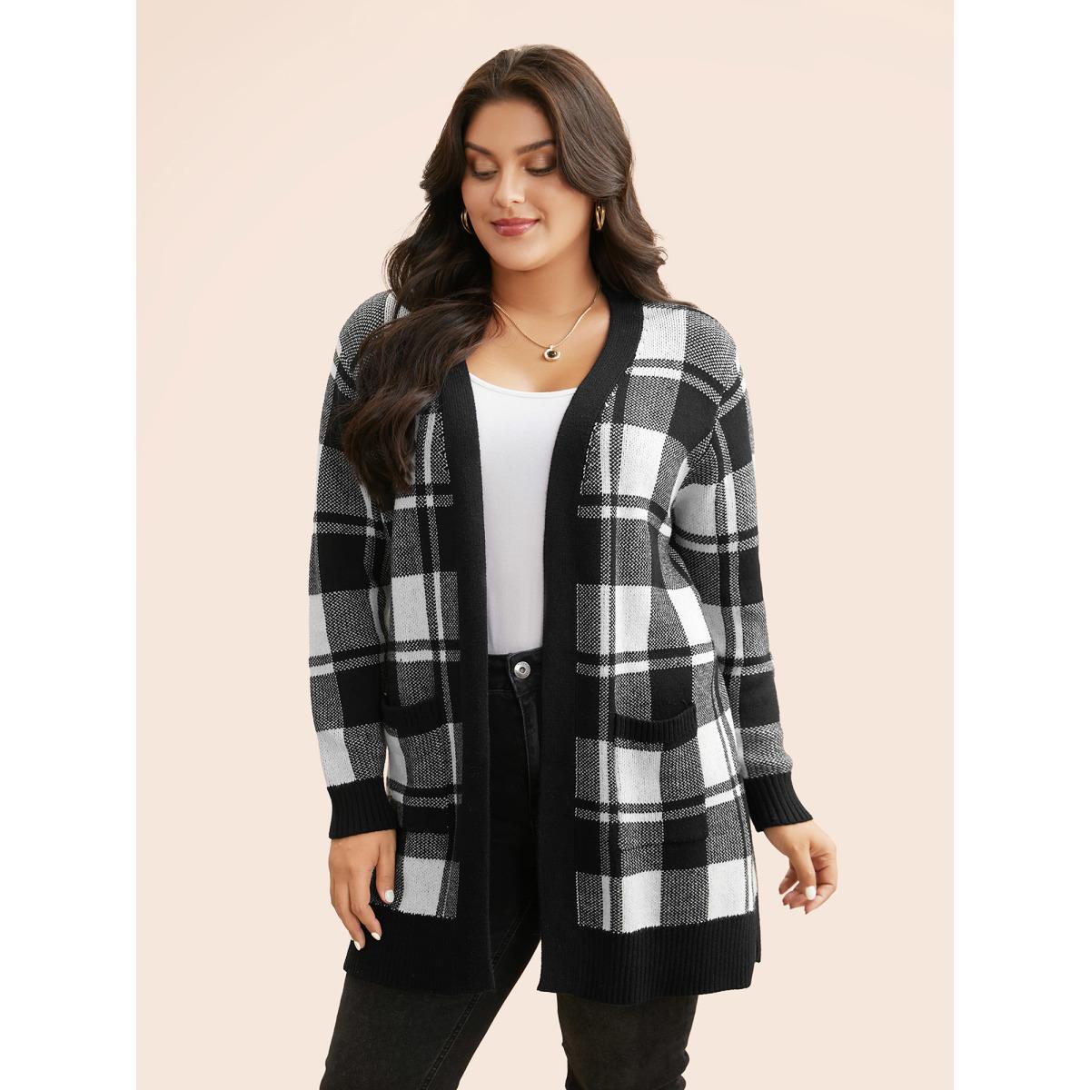 Plus Size Kimono Collar Plaid Slit Hem Cardigan Black Women Casual Loose Long Sleeve Everyday Cardigans BloomChic 12/L Product Image
