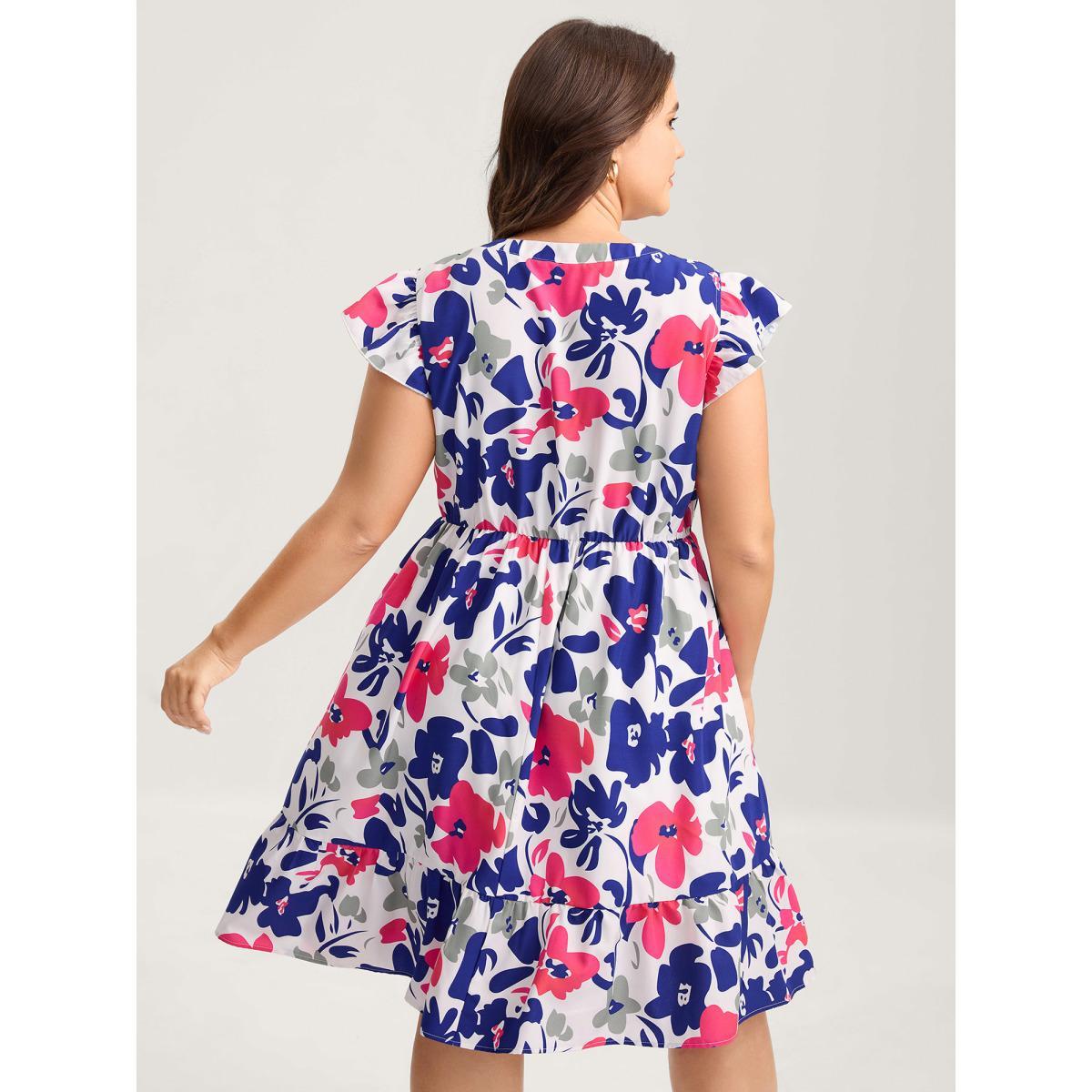 Plus Size Color Block Floral Print Notched Midi Dress Navy Women Flat collar with V-notch Cap Sleeve Curvy BloomChic 10/M Product Image