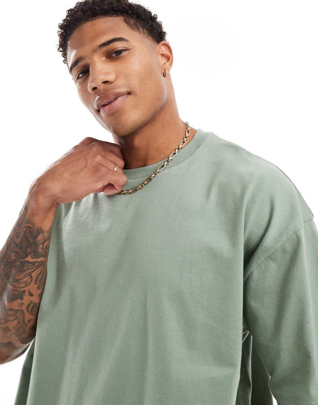 ASOS DESIGN essential 2 pack oversized t-shirts in brown and khaki green Product Image